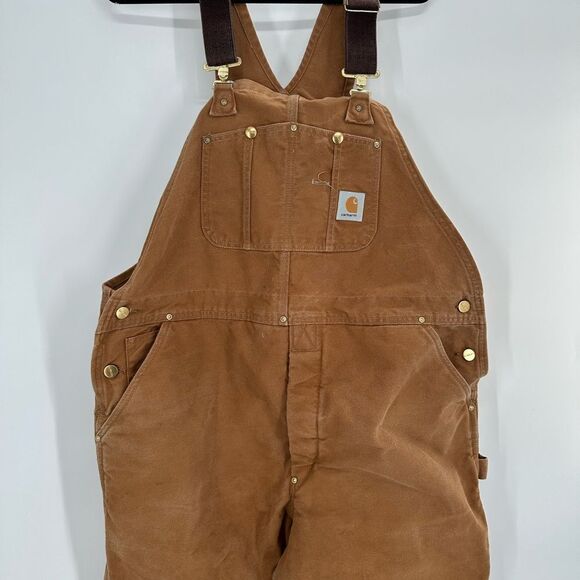VTG Carhartt R01 BRN Mens 44x28 HEAVY DUTY Distressed Overall Bibs Double Knee - Picture 2 of 12